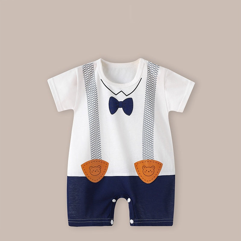 Cute Printed Baby Romper with Fake Suspender Design | Short Sleeve Newborn Outfit