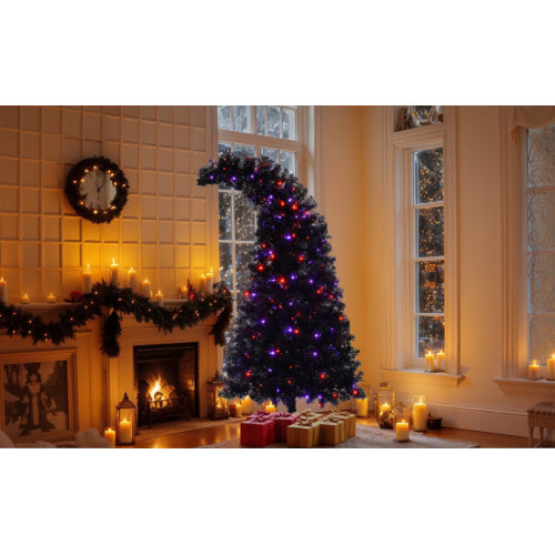 6FT Black Artificial Christmas Tree with LED Lights – Pre-Lit Curved Whimsical Xmas Tree, 900 Tips, Elegant Holiday Decoration