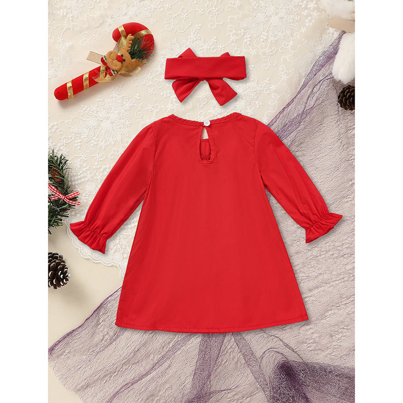 Baby & Toddler Girls Christmas Dress – Embroidered Christmas Wreath Party Dress with Matching Headband