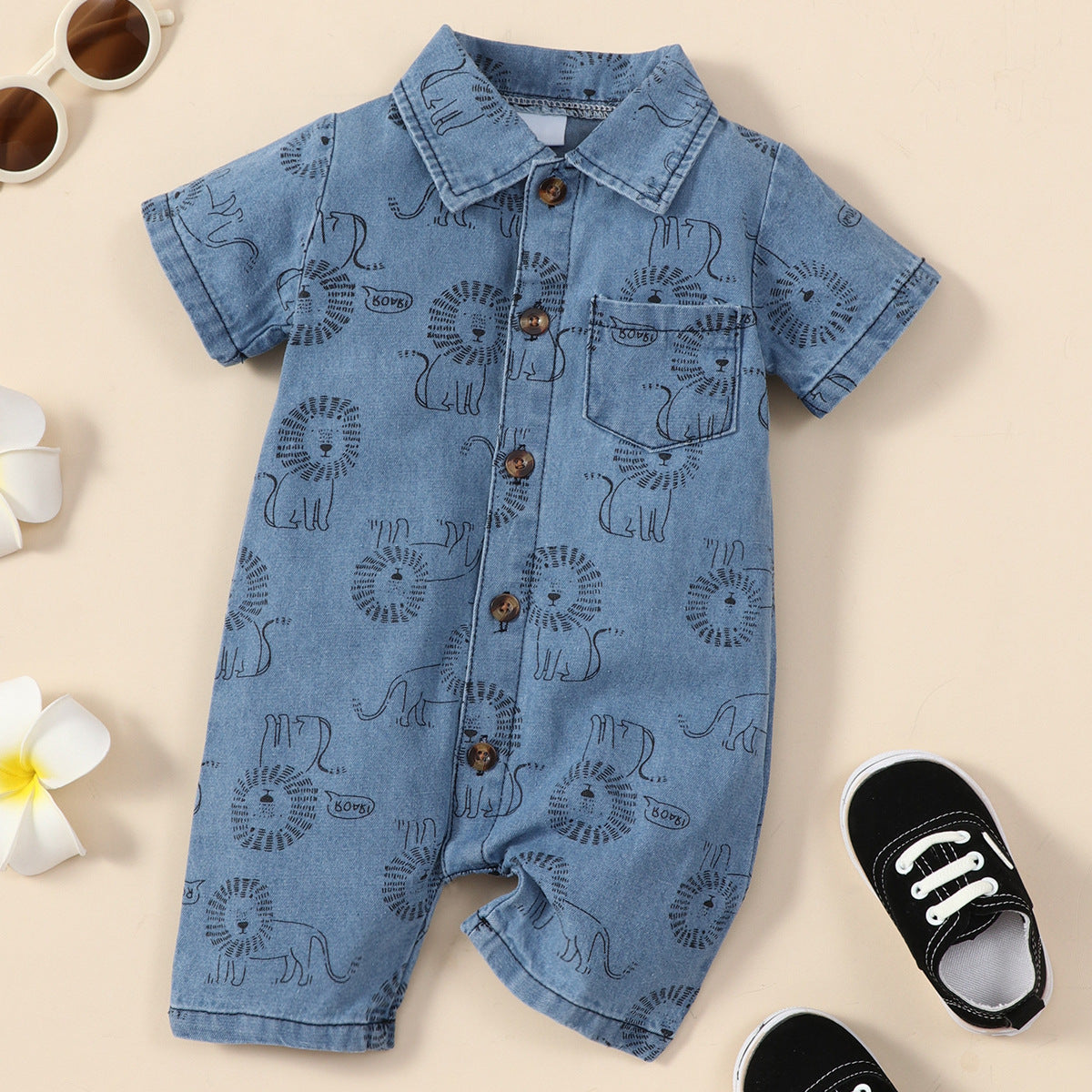 Boy's Lion Printed Denim Jumpsuit - Stylish and Durable