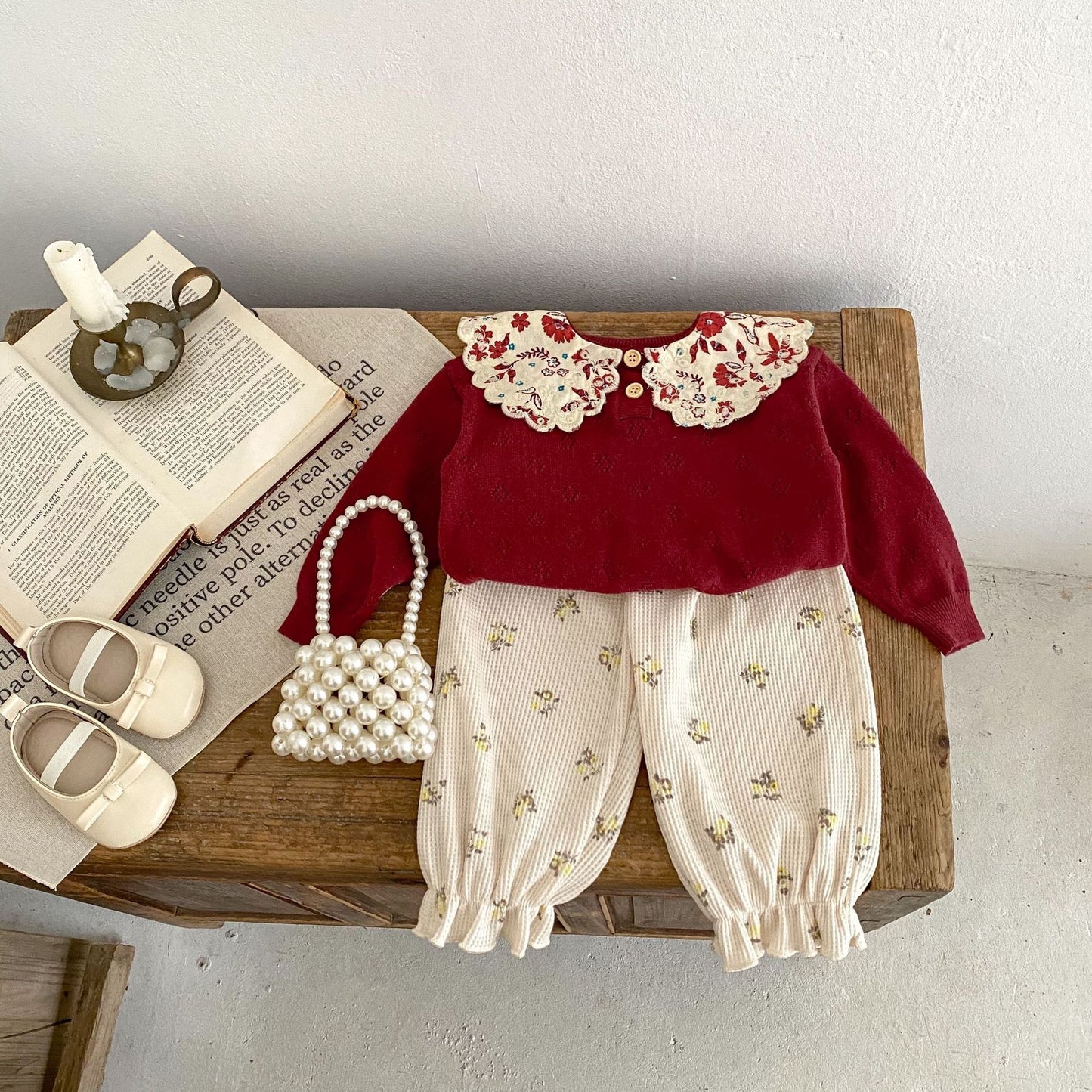 Baby Floral Waffle Print Elastic Cord Ankle-Tied Trousers