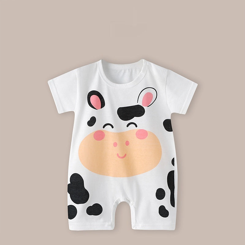 Cute Printed Baby Romper with Fake Suspender Design | Short Sleeve Newborn Outfit