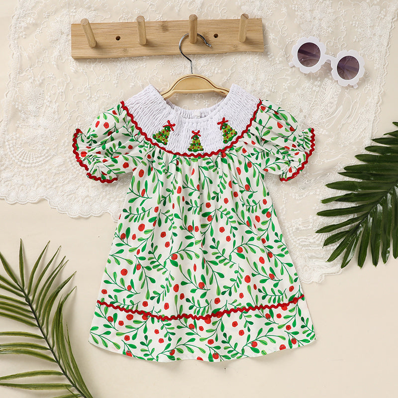 Baby & Toddler Girls Christmas Dress – Short Sleeve Plaid Party Dress with Embroidered Christmas Tree