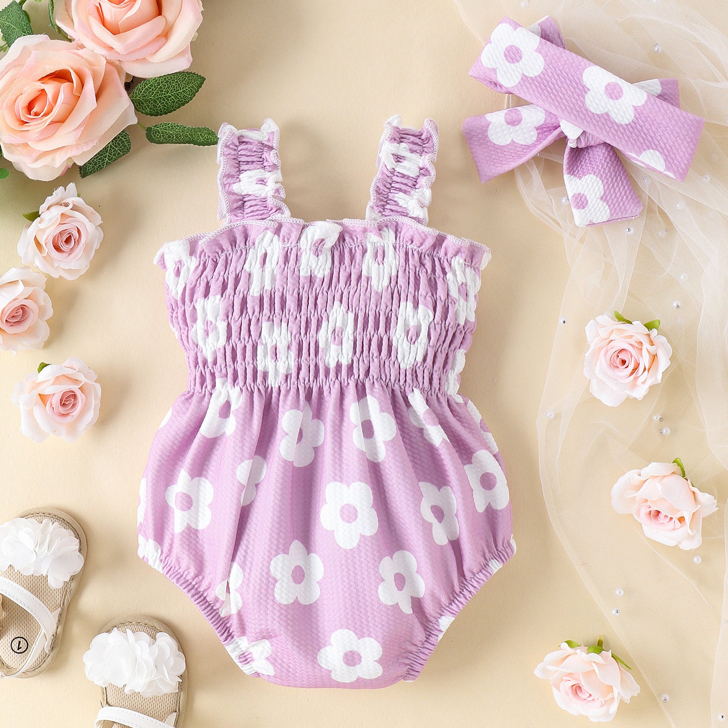 Summer Chic: Floral Printed Romper with Bow Headband for Babies