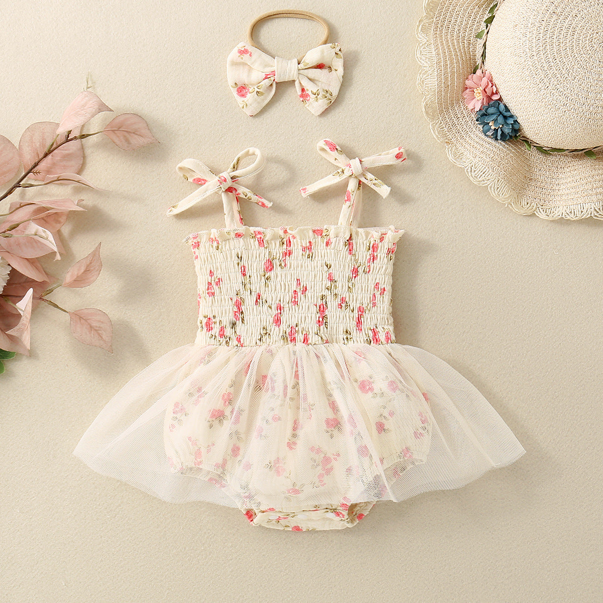 Adorable Baby Girl Floral Printed Spaghetti Strap Triangle Rompers with Tulle Skirt