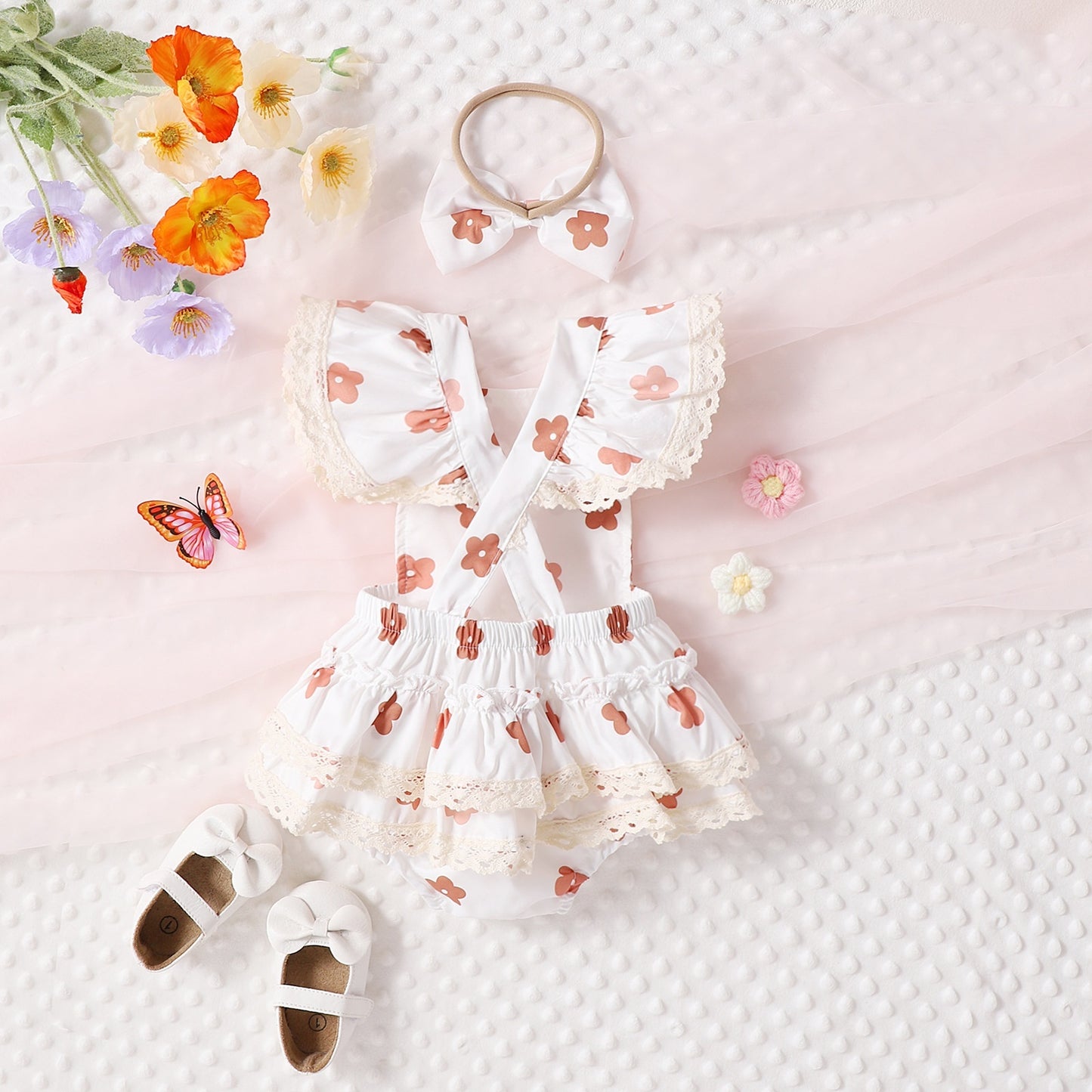 Adorable Baby Girl Lace Flounced Sleeve Printed Triangle Rompers