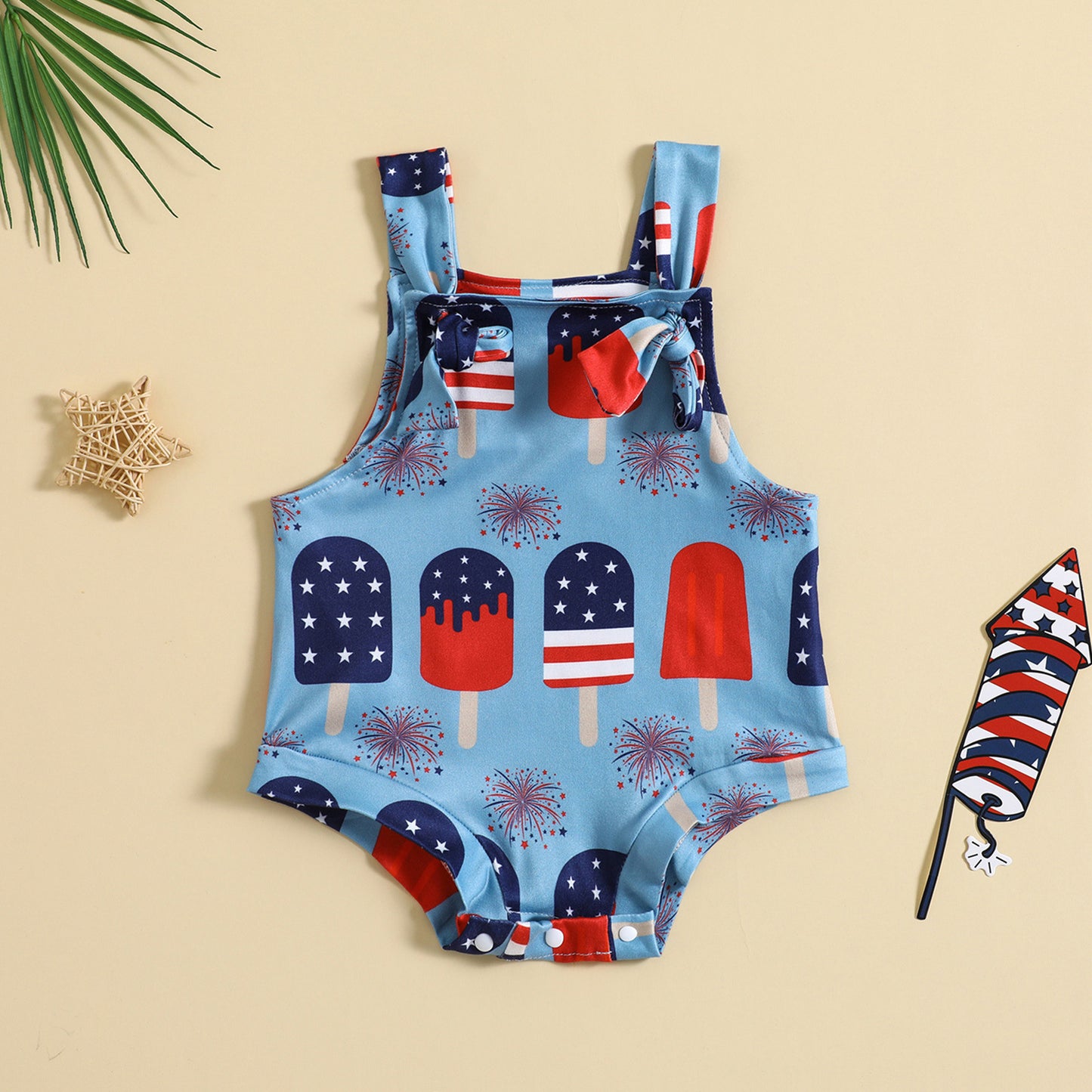 Adorable Baby Ice Cream Printed Front Knotted Suspender Romper