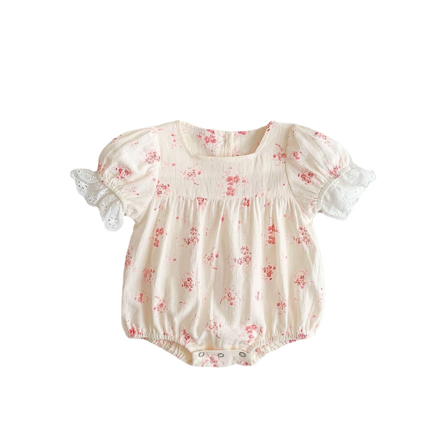 Discover Exquisite Elegance: Short Sleeve Triangle Romper with Foreign Style Floral Lace
