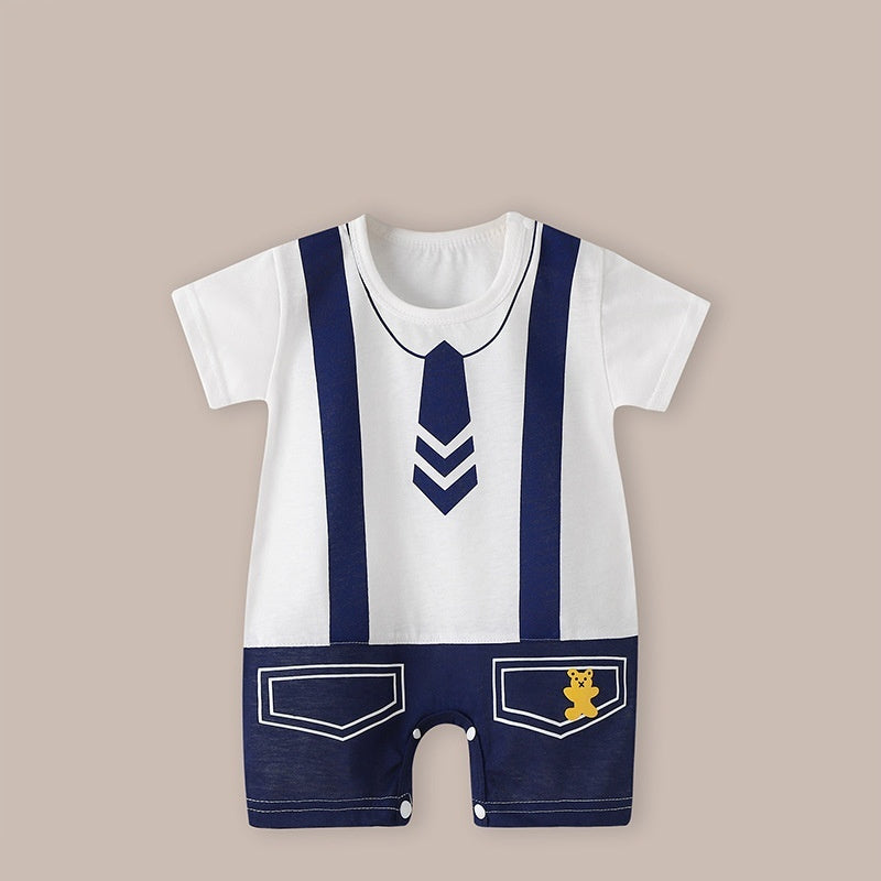 Cute Printed Baby Romper with Fake Suspender Design | Short Sleeve Newborn Outfit