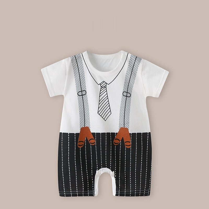 Cute Printed Baby Romper with Fake Suspender Design | Short Sleeve Newborn Outfit