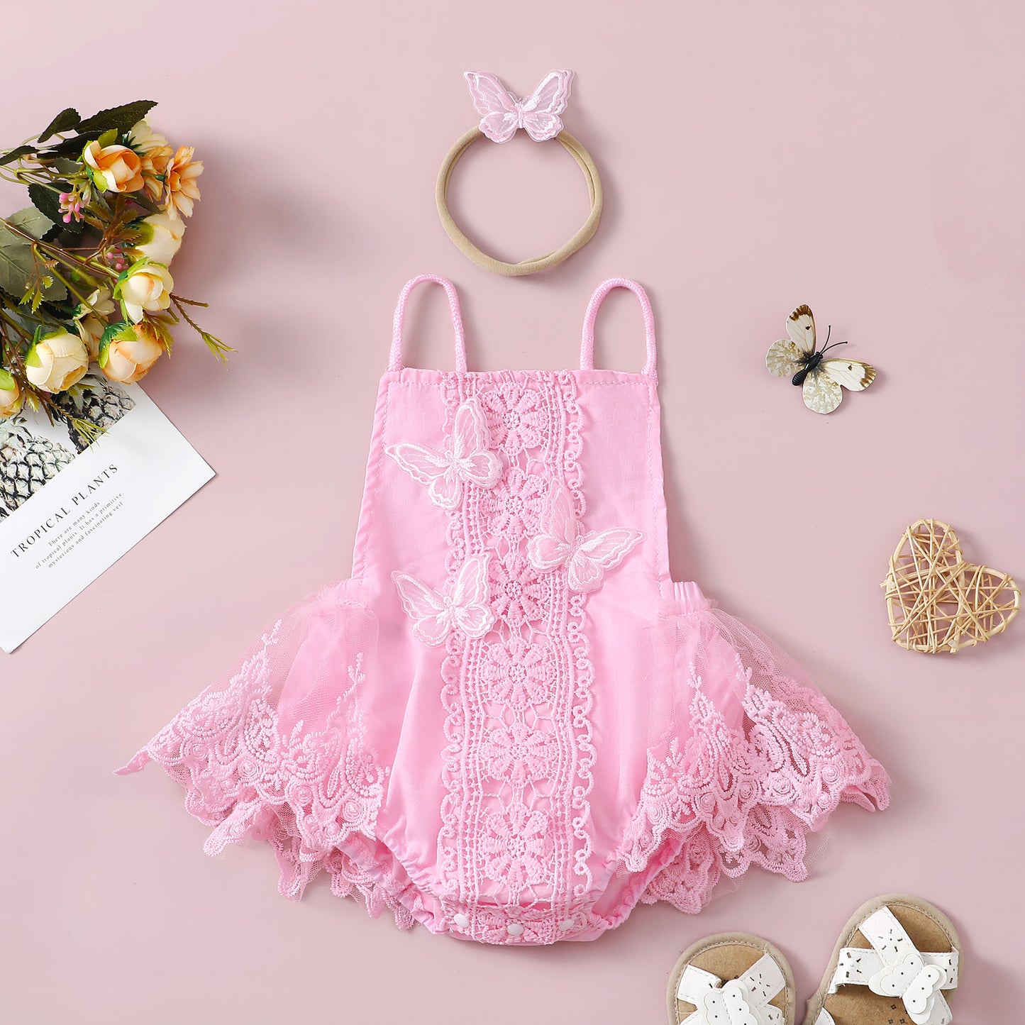 Enchanting Elegance: Girls' Butterfly Lace Spaghetti Strap Princess Dress with Headband