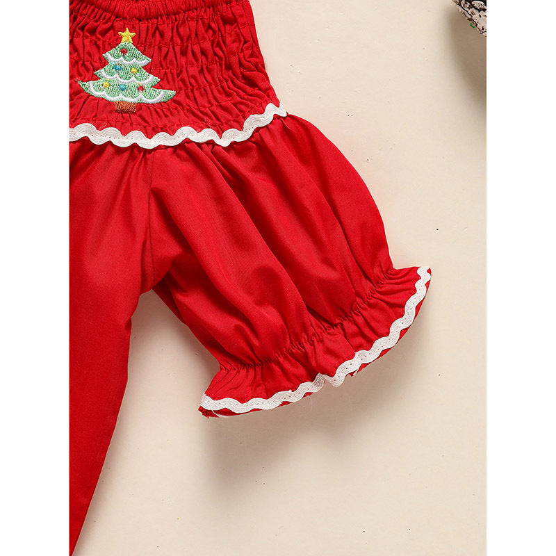 Toddler & Infant Girls Christmas Dress – Smocked Christmas Tree Embroidered Short Sleeve Party Dress