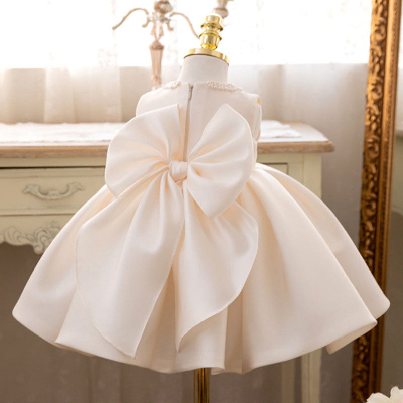 Adorable Pearl Round Neck Sleeveless Baby Gown with Bow Tie Front and Back: Perfect for Your Little One