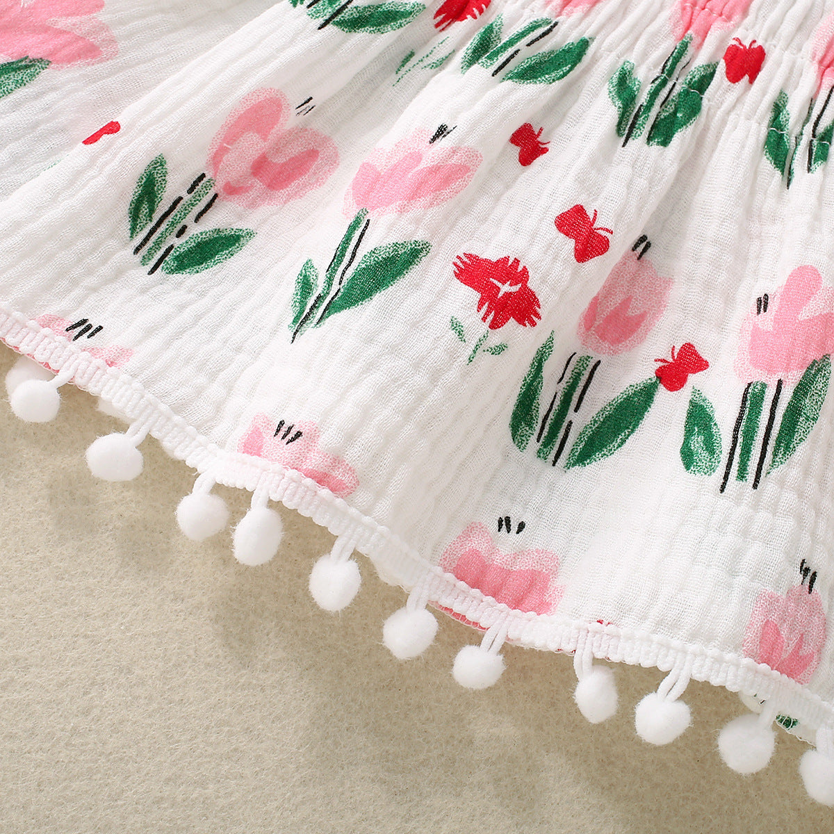 Adorable Baby Girl Floral Print Spaghetti Strap Pom Pom Lace Dress and Short Set