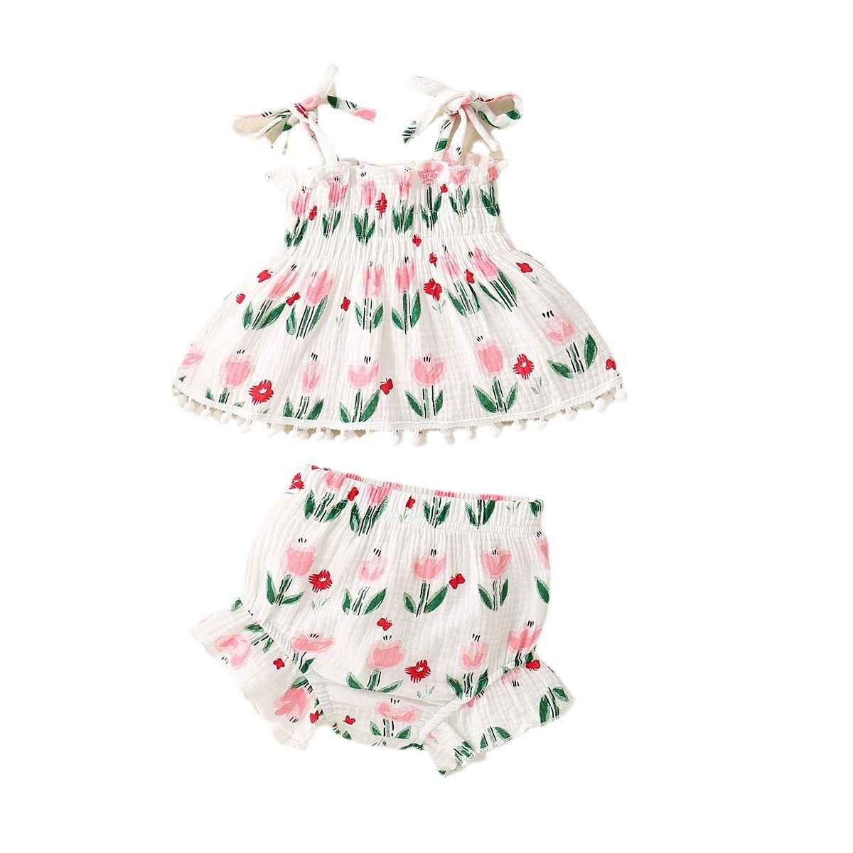 Adorable Baby Girl Floral Print Spaghetti Strap Pom Pom Lace Dress and Short Set
