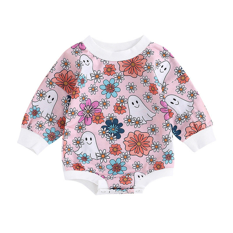 Flower and Ghost Printed Long Sleeve Baby Jumpsuit for Halloween