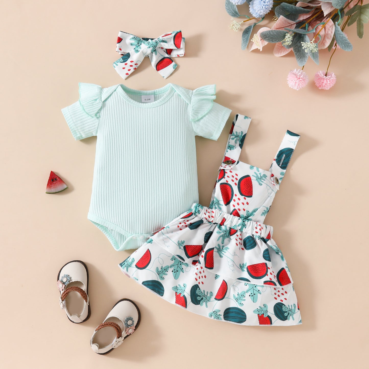 Baby Girl's Summer Short-sleeved Romper Wiot Suspender Skirt Floral Fruit Casual Skirt Suit