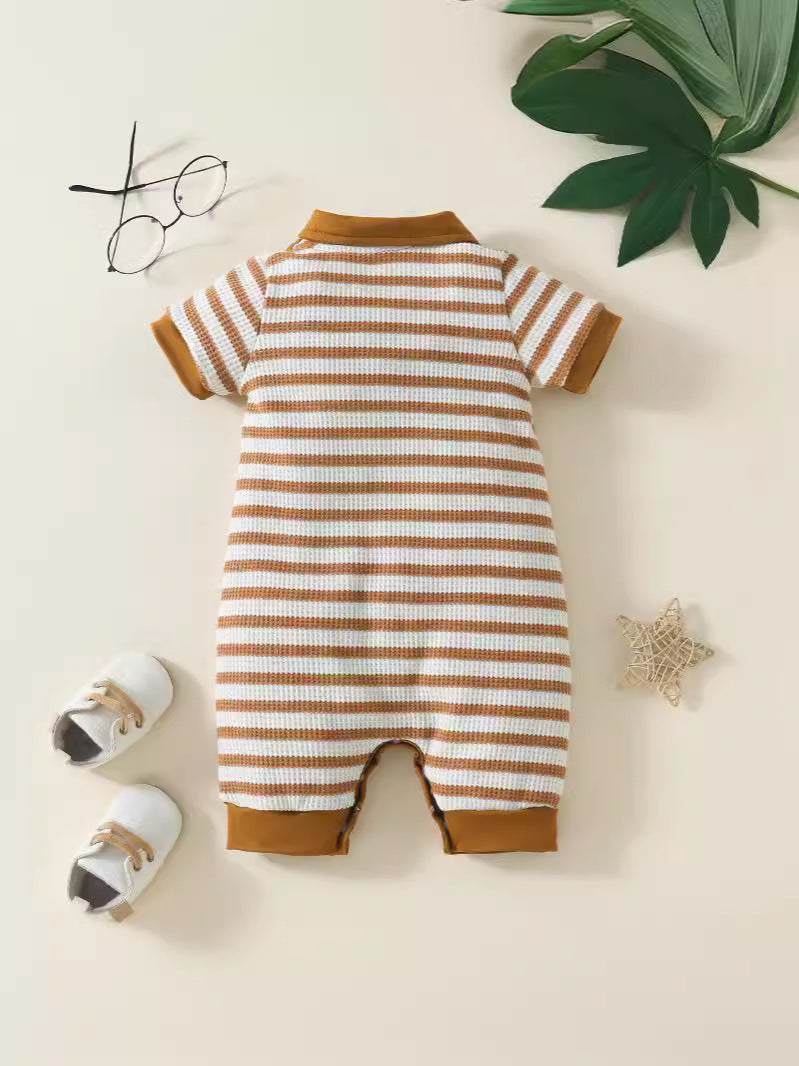 Stylish Baby Boy Waffle Stripe Short Sleeve Rompers | Fashionable Infant Wear