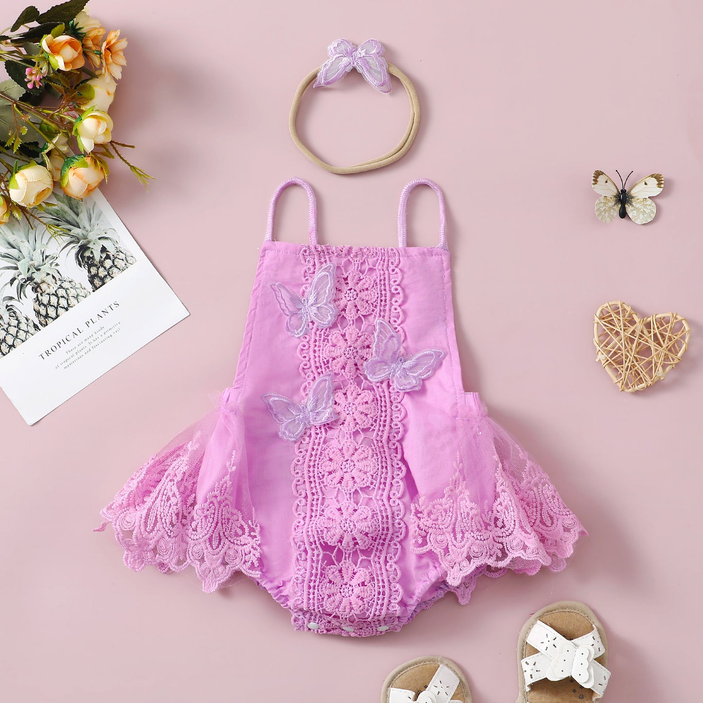 Enchanting Elegance: Girls' Butterfly Lace Spaghetti Strap Princess Dress with Headband