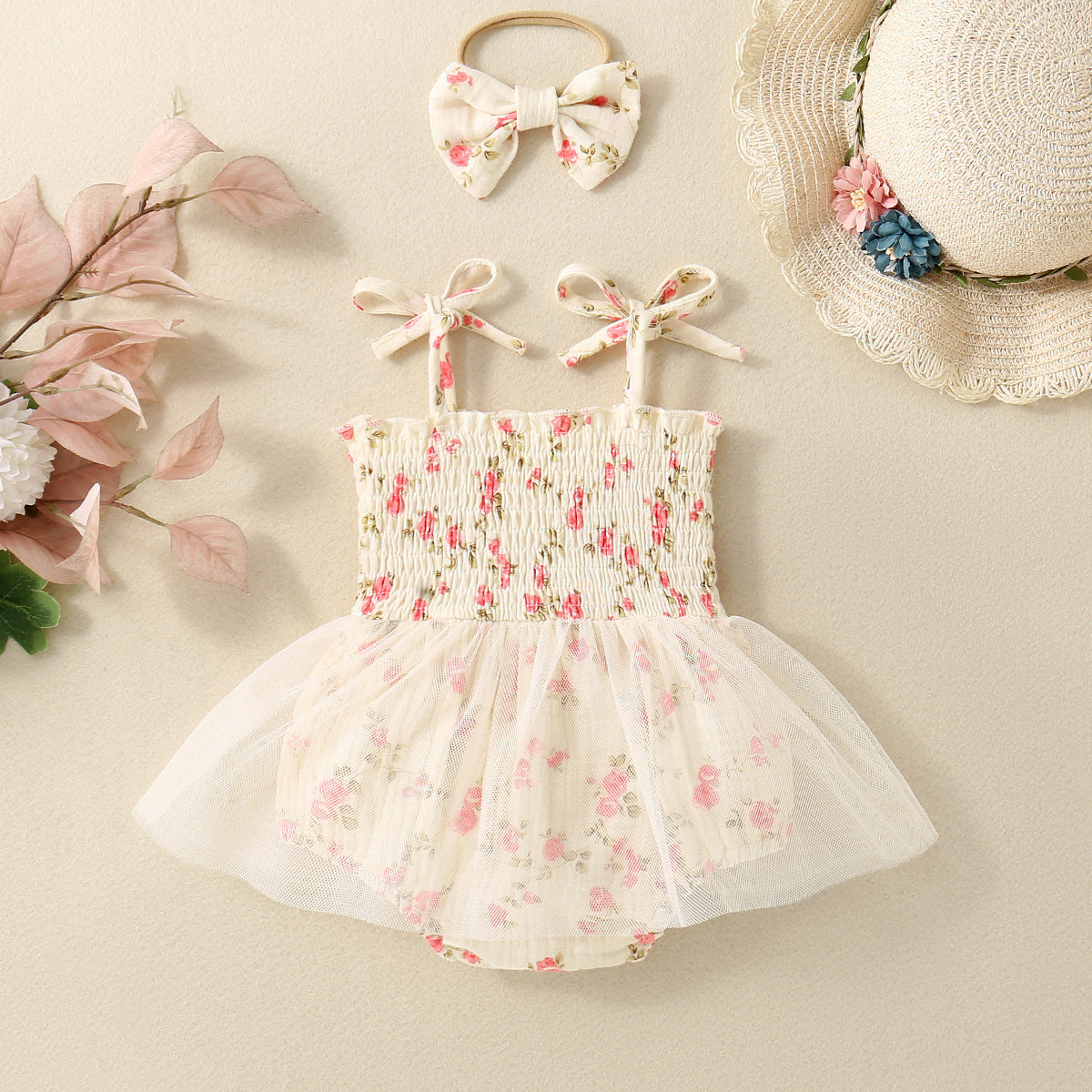 Adorable Baby Girl Floral Printed Spaghetti Strap Triangle Rompers with Tulle Skirt