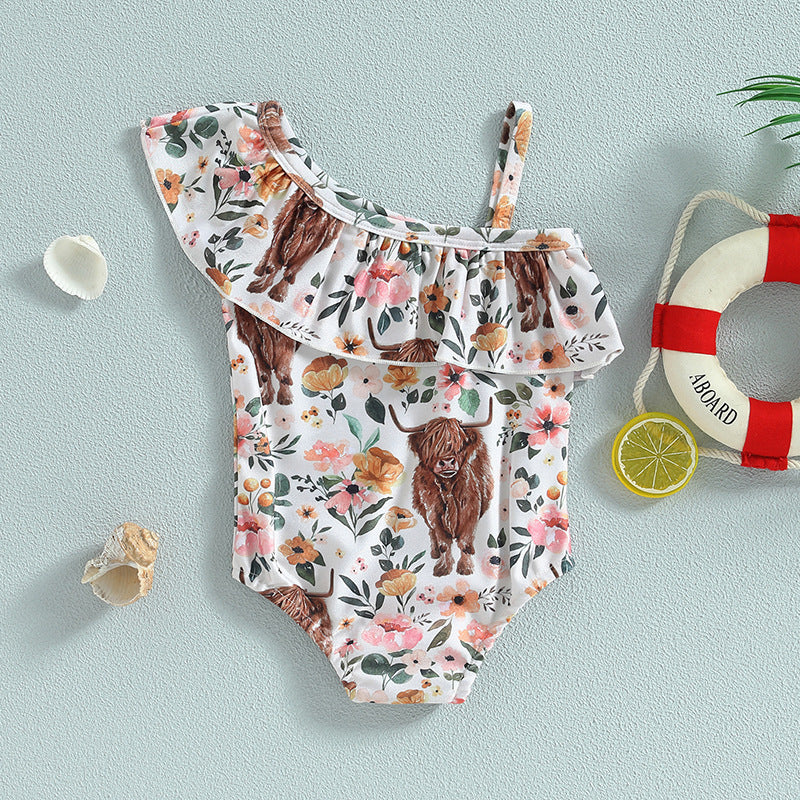 Girls One-Shoulder Bull Head Print Swimsuit