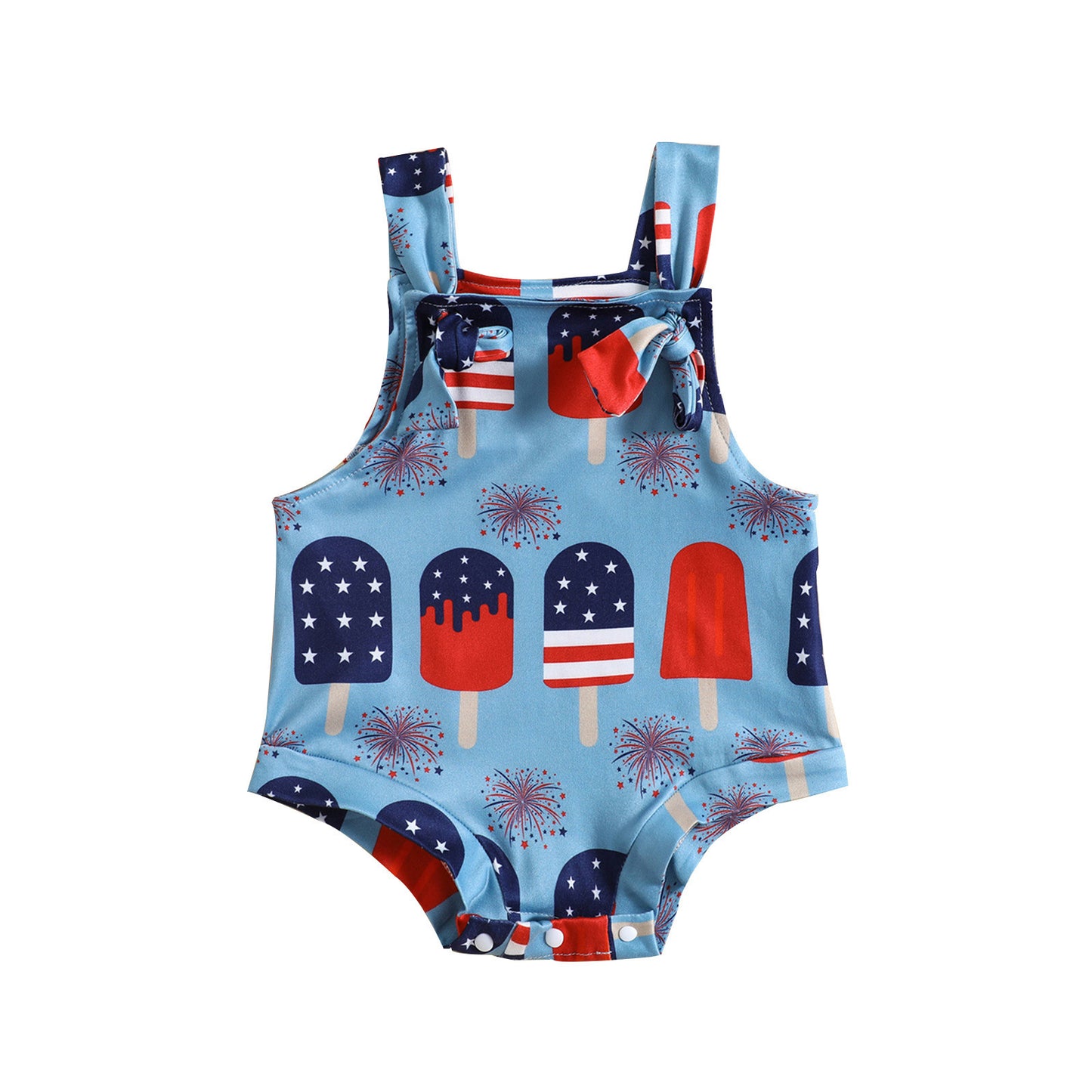 Adorable Baby Ice Cream Printed Front Knotted Suspender Romper