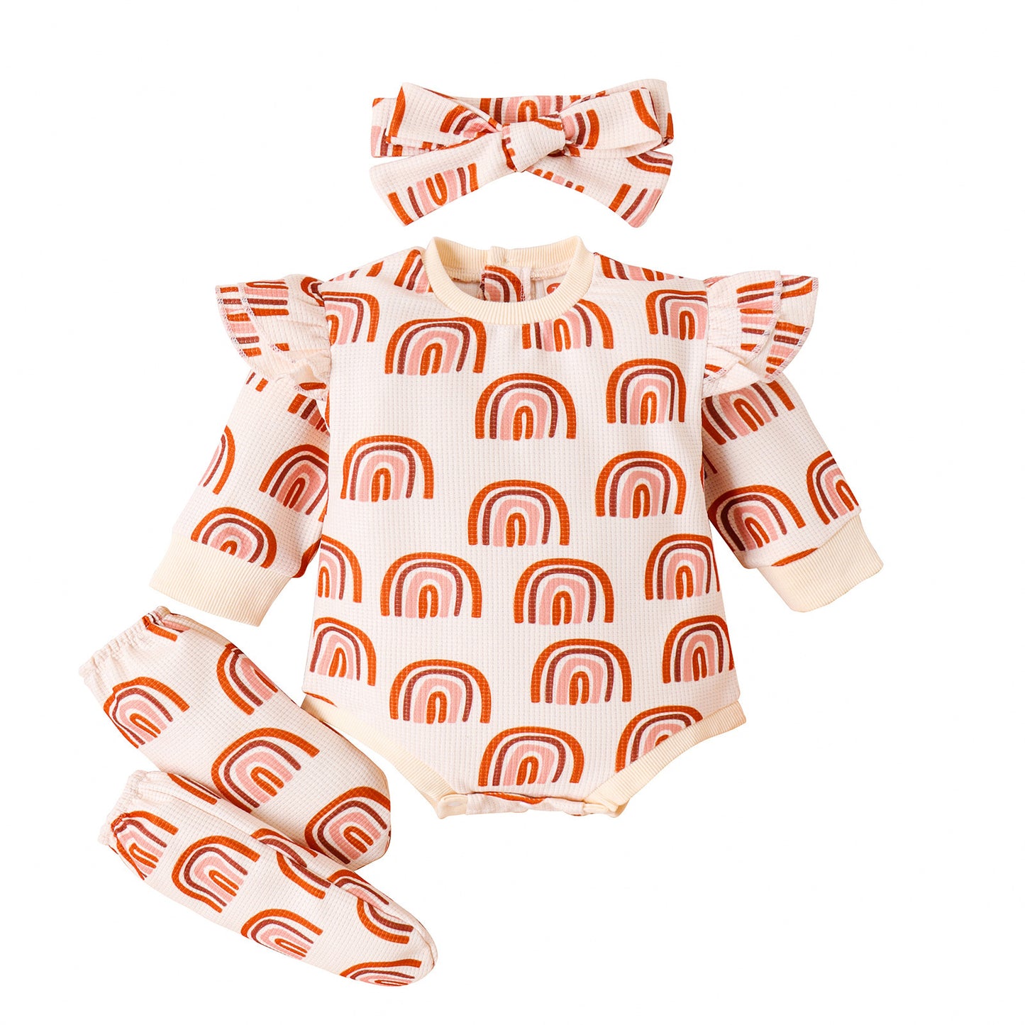 Colorful Children's Rainbow Printing Jumpsuit Suit with Headscarf and Booties - Three-piece Set