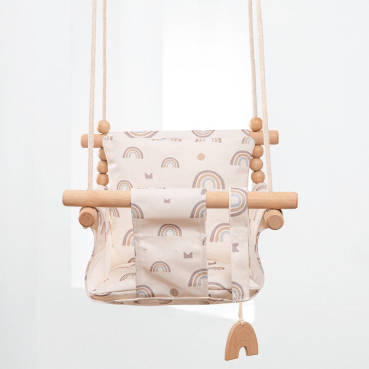 Cotton Canvas Baby Swing Chair – Indoor/Outdoor Hanging Wooden Seat with Safety Cushion | Baby Room Décor & Toy