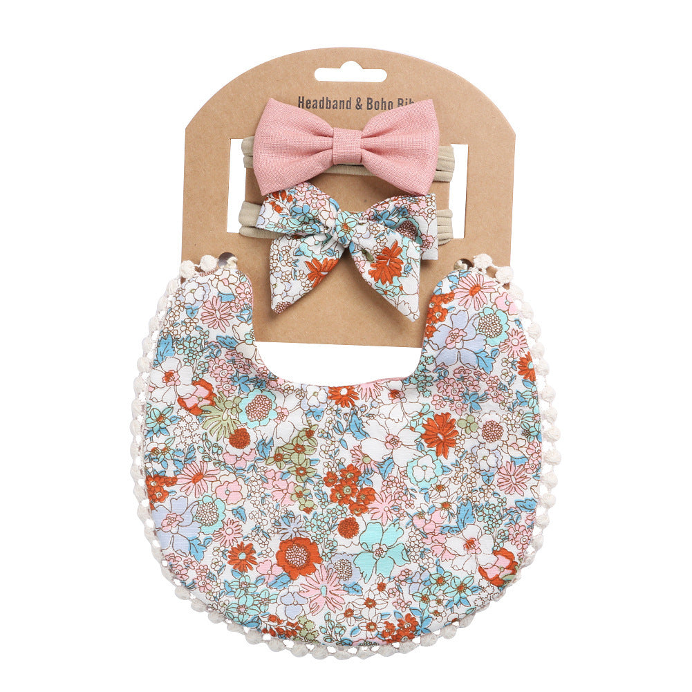 Adorable and Practical: European and American Cotton Floral Baby Bib and Headband Set for Spit Protection
