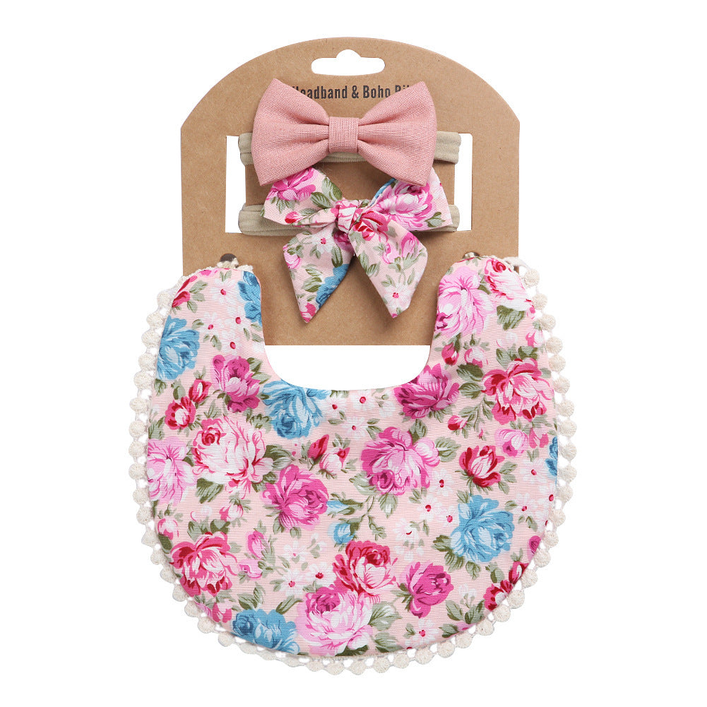 Adorable and Practical: European and American Cotton Floral Baby Bib and Headband Set for Spit Protection