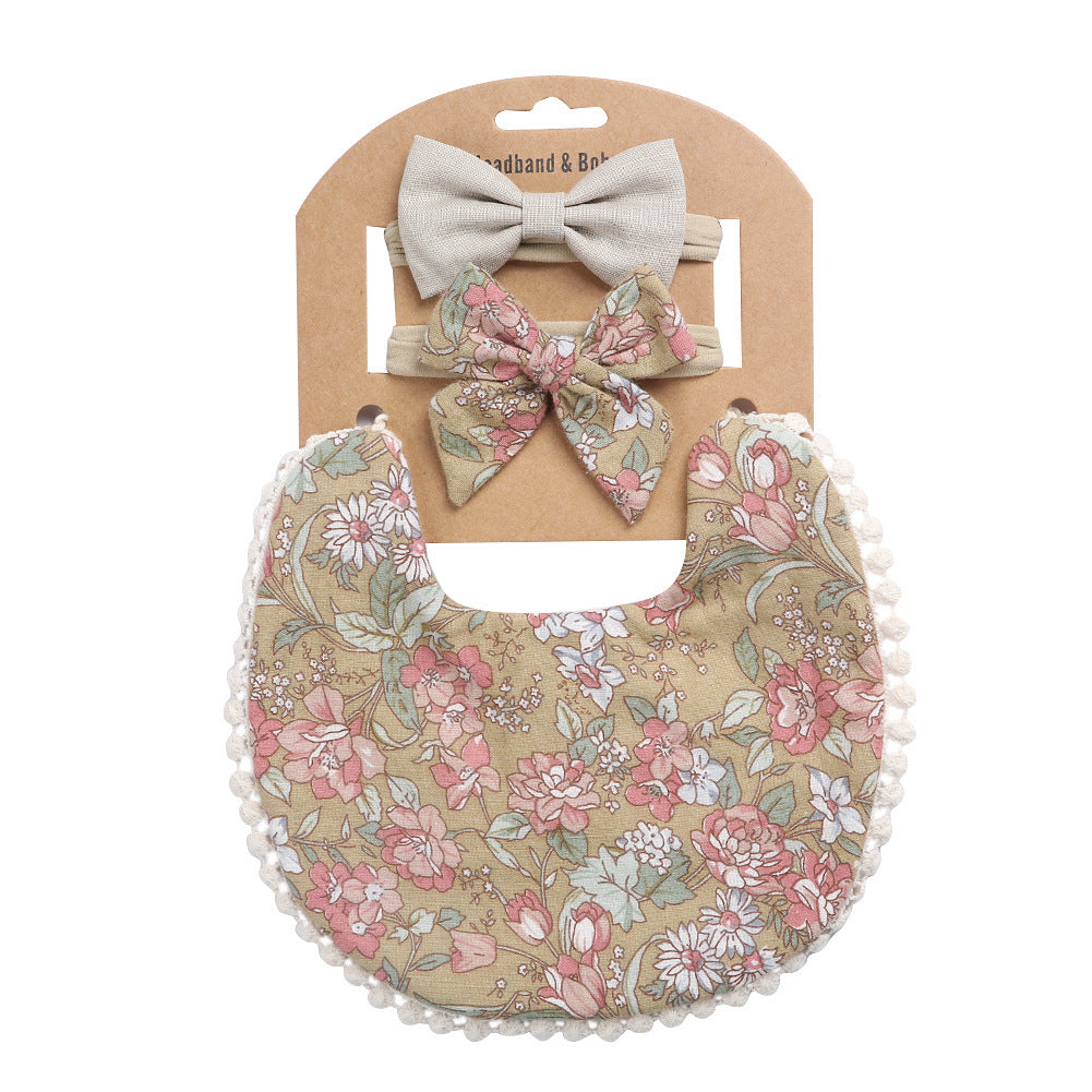 Adorable and Practical: European and American Cotton Floral Baby Bib and Headband Set for Spit Protection
