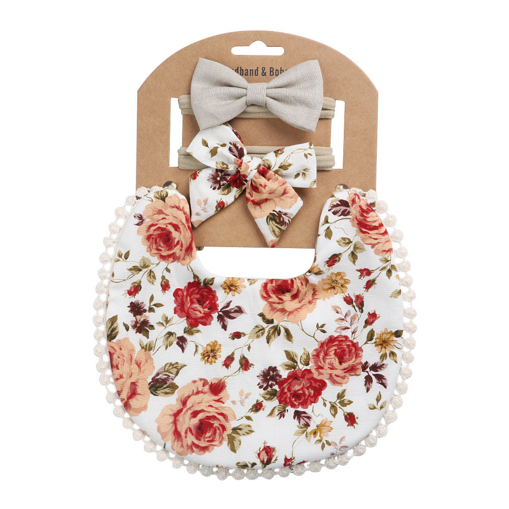 Adorable and Practical: European and American Cotton Floral Baby Bib and Headband Set for Spit Protection