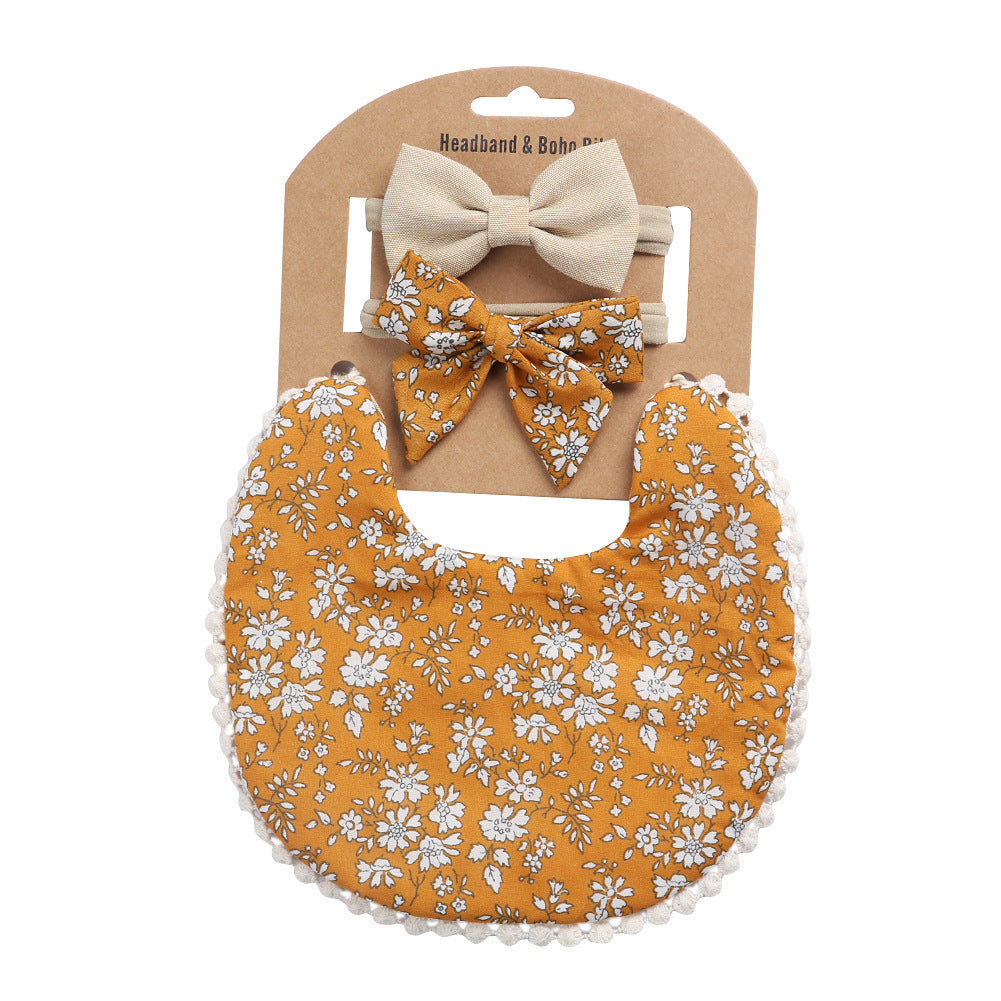 Adorable and Practical: European and American Cotton Floral Baby Bib and Headband Set for Spit Protection