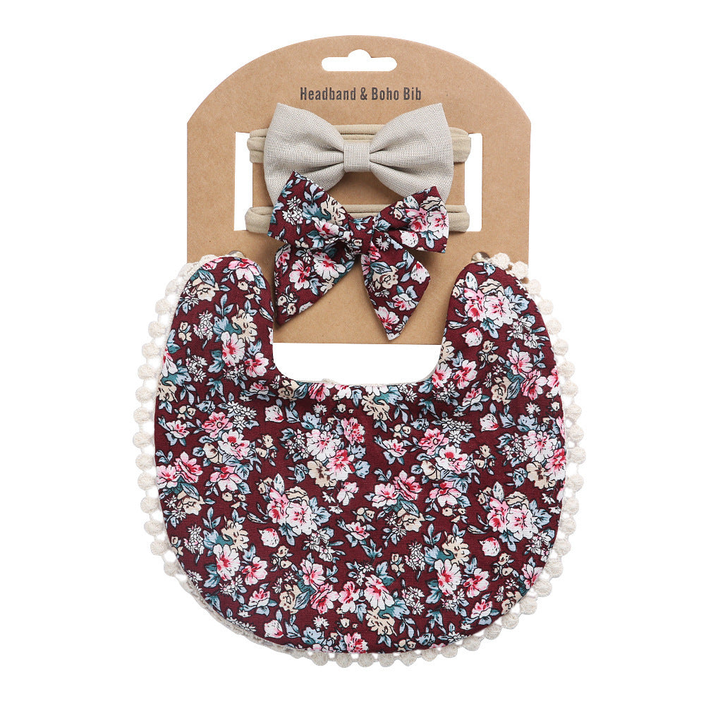 Adorable and Practical: European and American Cotton Floral Baby Bib and Headband Set for Spit Protection