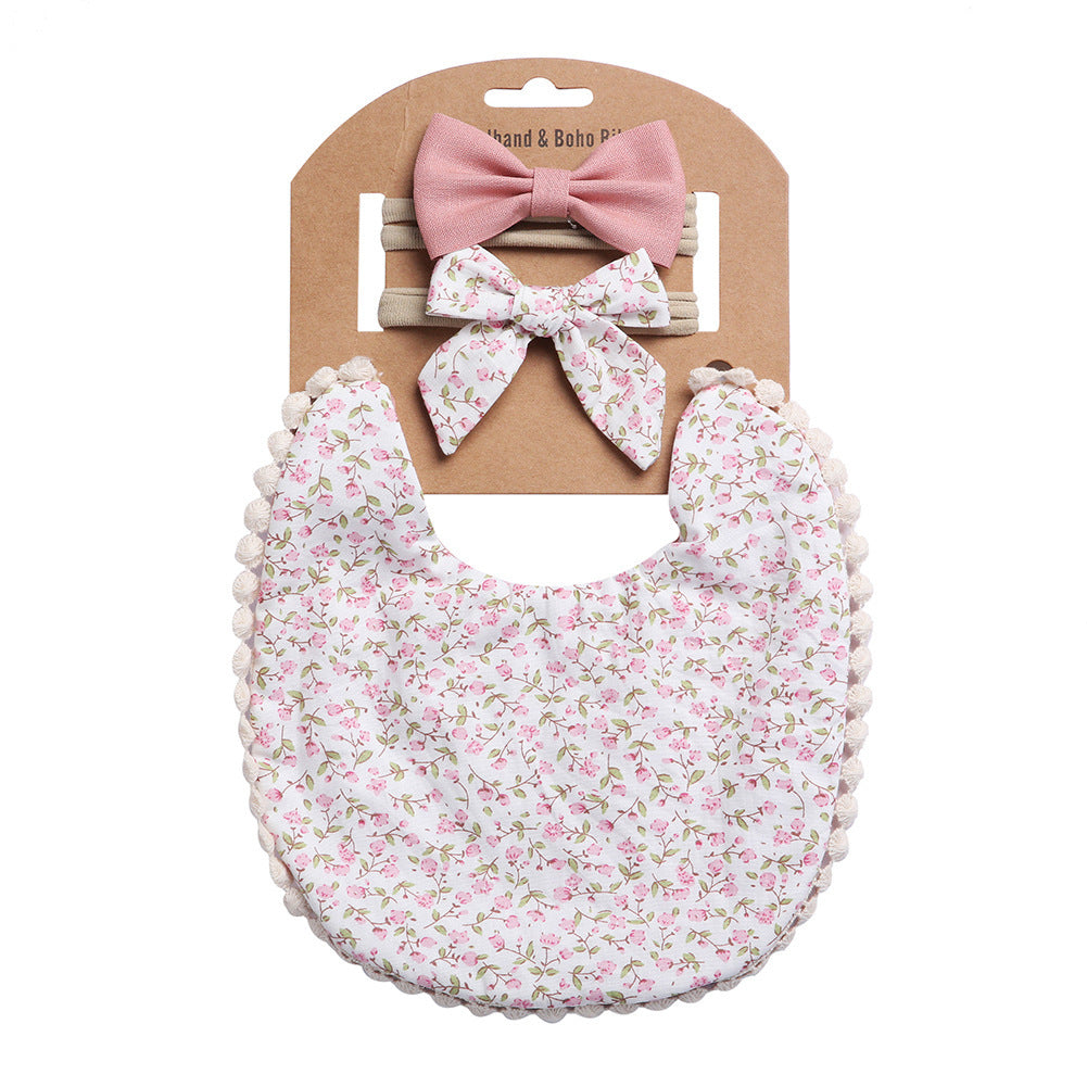 Adorable and Practical: European and American Cotton Floral Baby Bib and Headband Set for Spit Protection