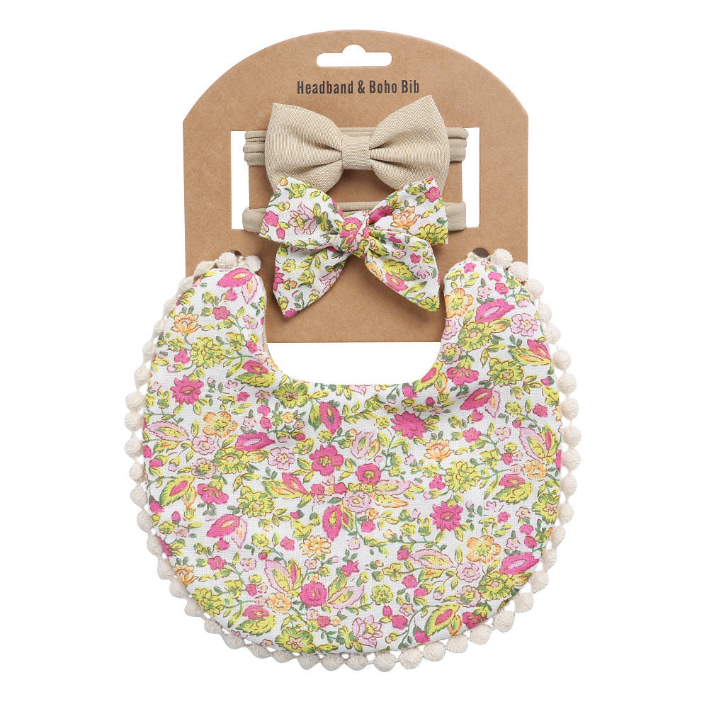 Adorable and Practical: European and American Cotton Floral Baby Bib and Headband Set for Spit Protection