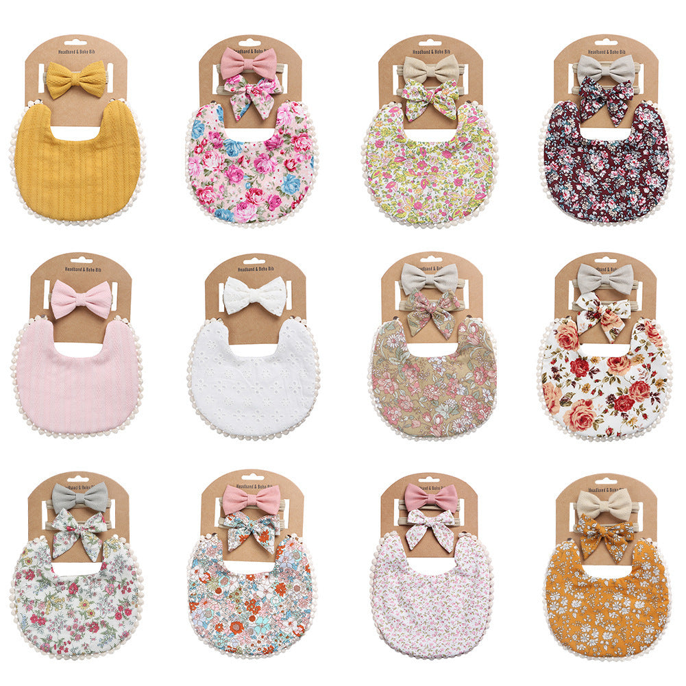 Adorable and Practical: European and American Cotton Floral Baby Bib and Headband Set for Spit Protection