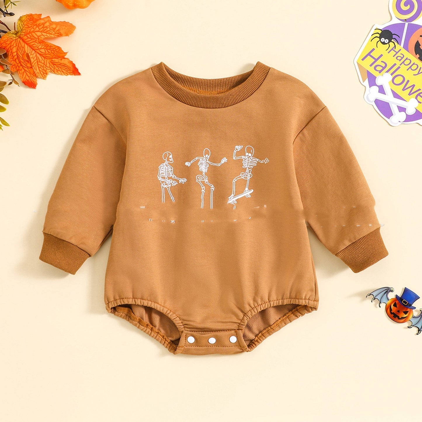 Skeleton Print Solid Color Newborn One-piece Sweater Romper: Warmth with a Spooky Twist