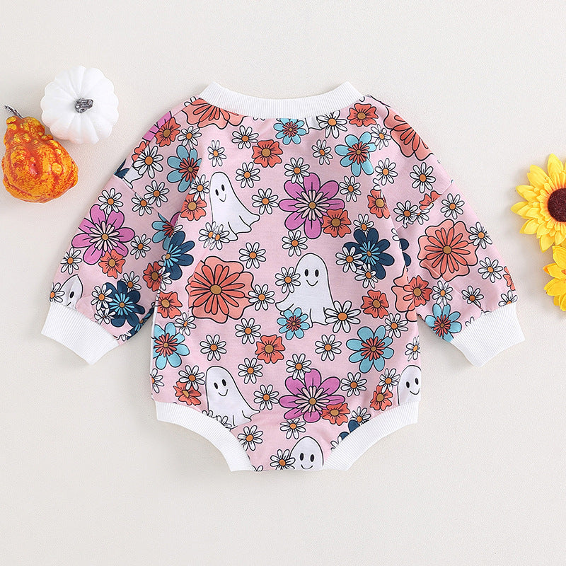 Flower and Ghost Printed Long Sleeve Baby Jumpsuit for Halloween