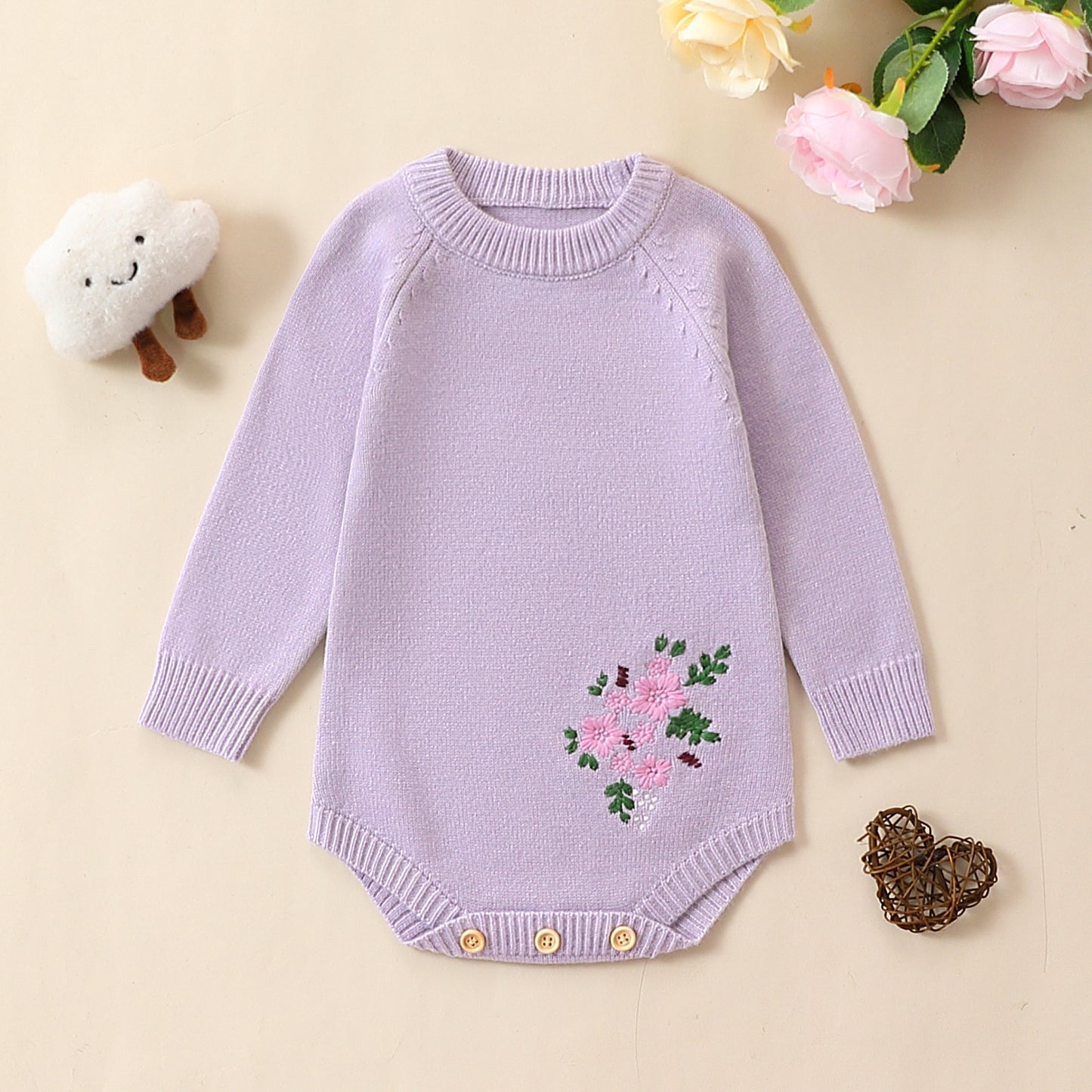Charming Autumn Floral Embroidered Baby Romper – Cozy and Stylish Outfit