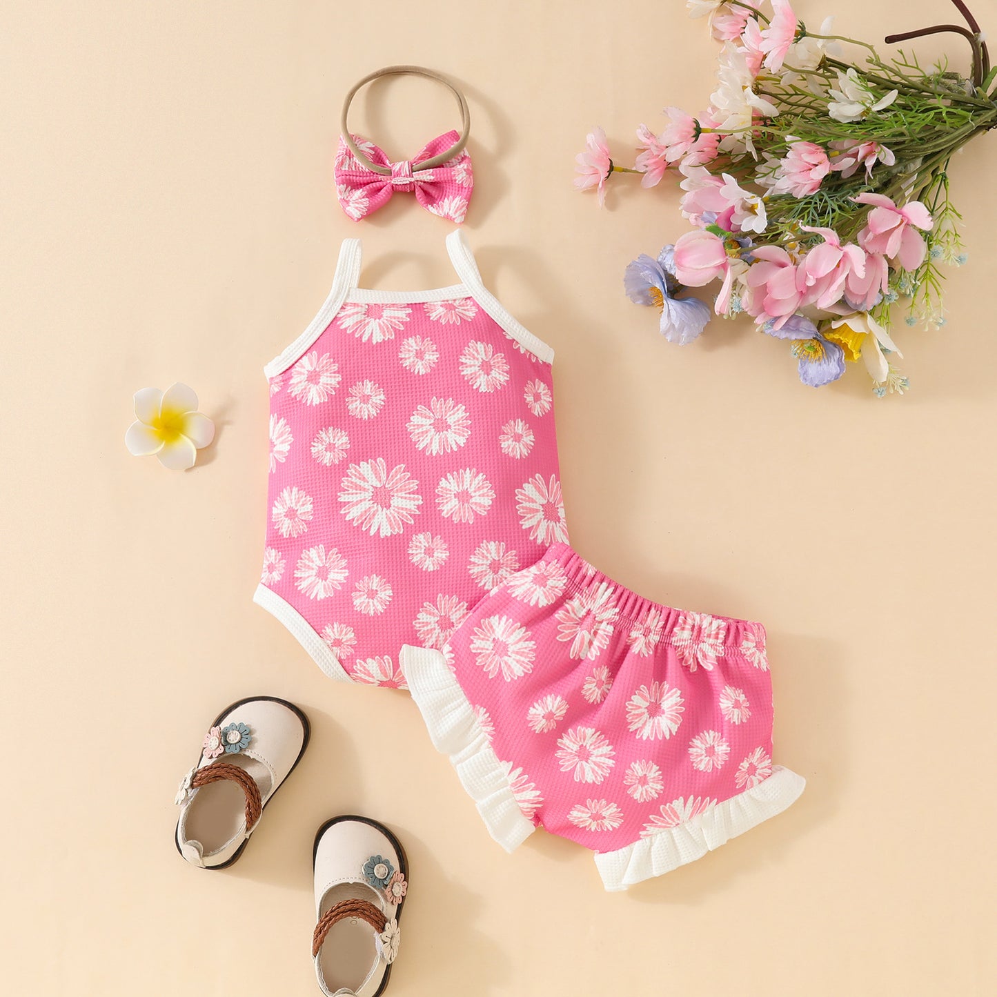 Stylish Floral Printed Waffle Spaghetti Strap Romper & Ruffled Shorts Set