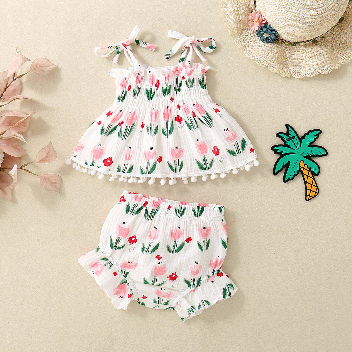 Adorable Baby Girl Floral Print Spaghetti Strap Pom Pom Lace Dress and Short Set