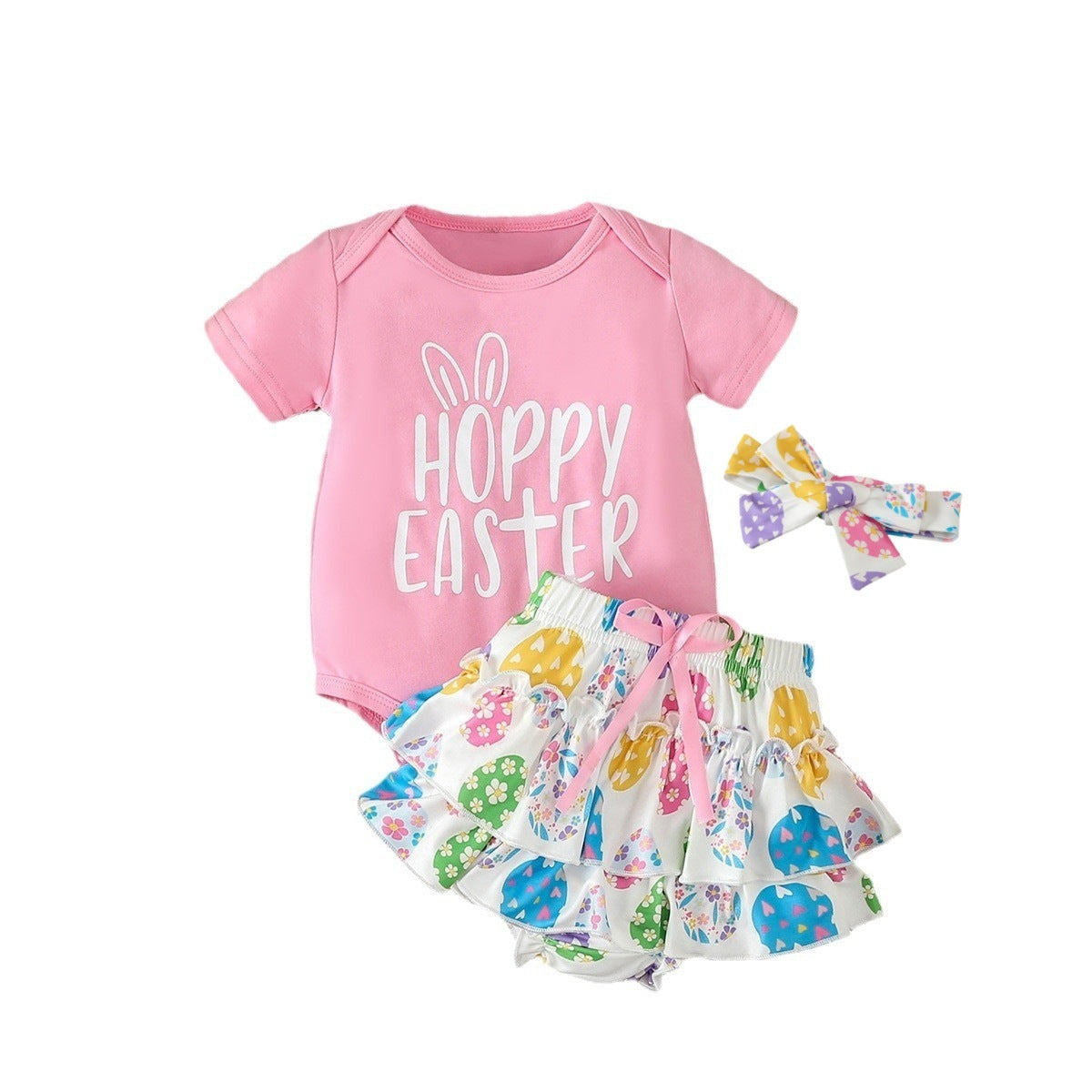 Adorable Baby Girl's Short-Sleeved Printed Romper with Colorful Skirt and Headband Set