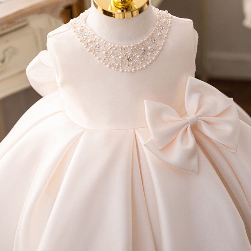 Adorable Pearl Round Neck Sleeveless Baby Gown with Bow Tie Front and Back: Perfect for Your Little One
