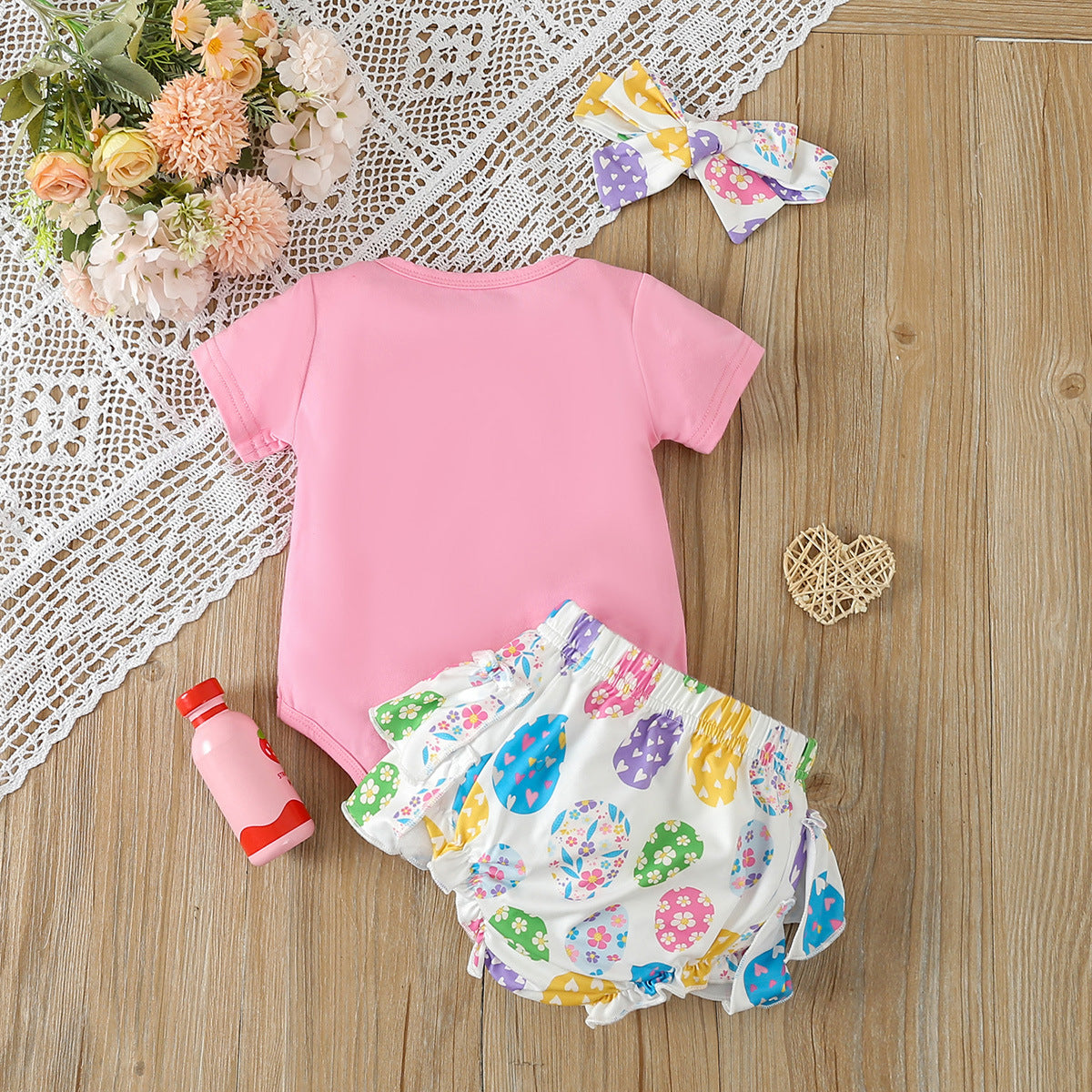 Adorable Baby Girl's Short-Sleeved Printed Romper with Colorful Skirt and Headband Set