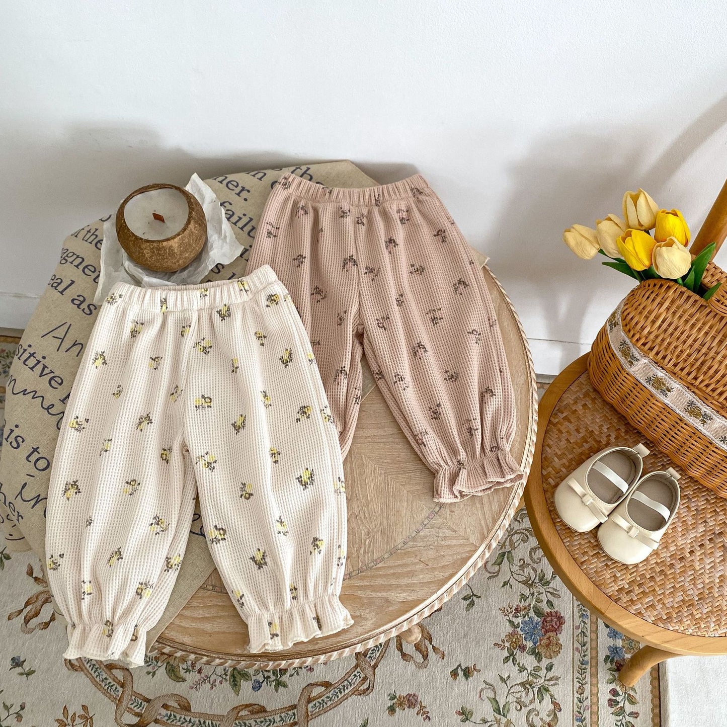 Baby Floral Waffle Print Elastic Cord Ankle-Tied Trousers