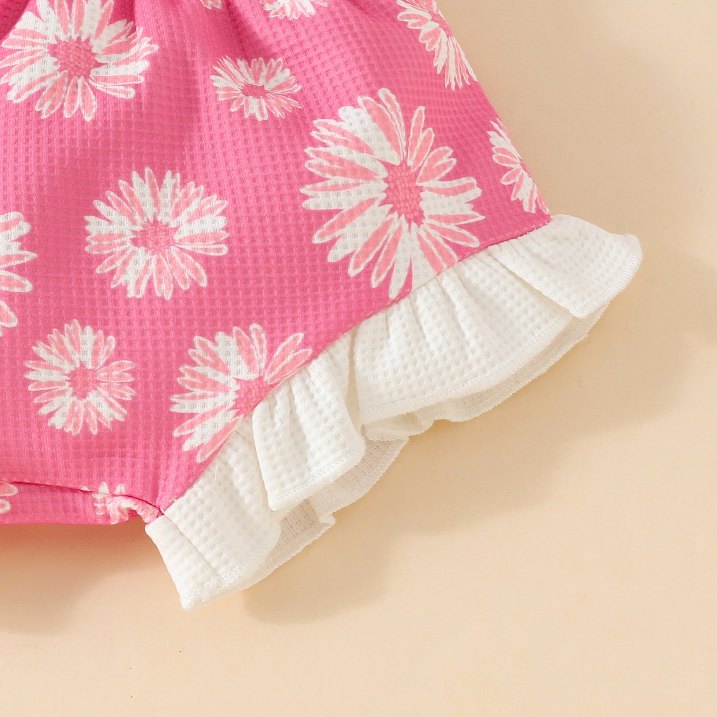 Stylish Floral Printed Waffle Spaghetti Strap Romper & Ruffled Shorts Set