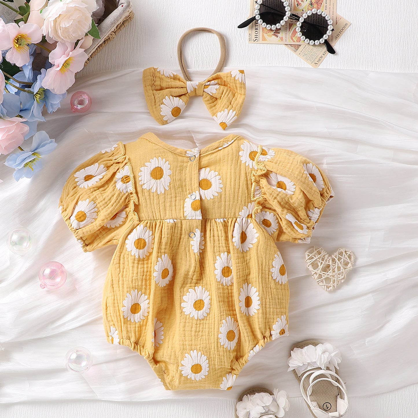 Summer Baby Girl Floral Puff Sleeve Romper Set with Headband | Adorable Prints