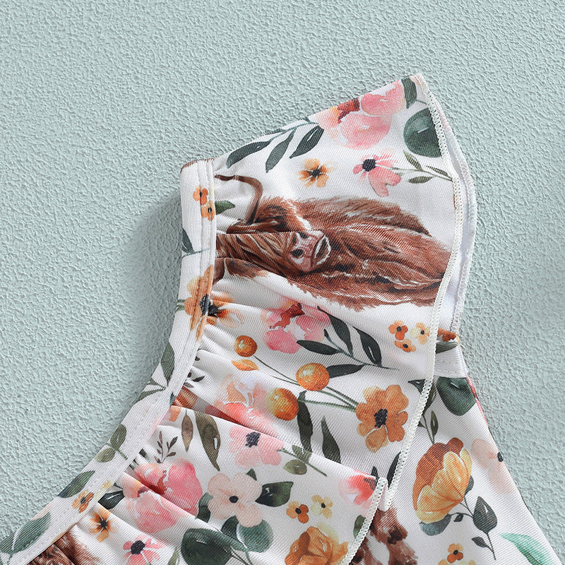 Girls One-Shoulder Bull Head Print Swimsuit