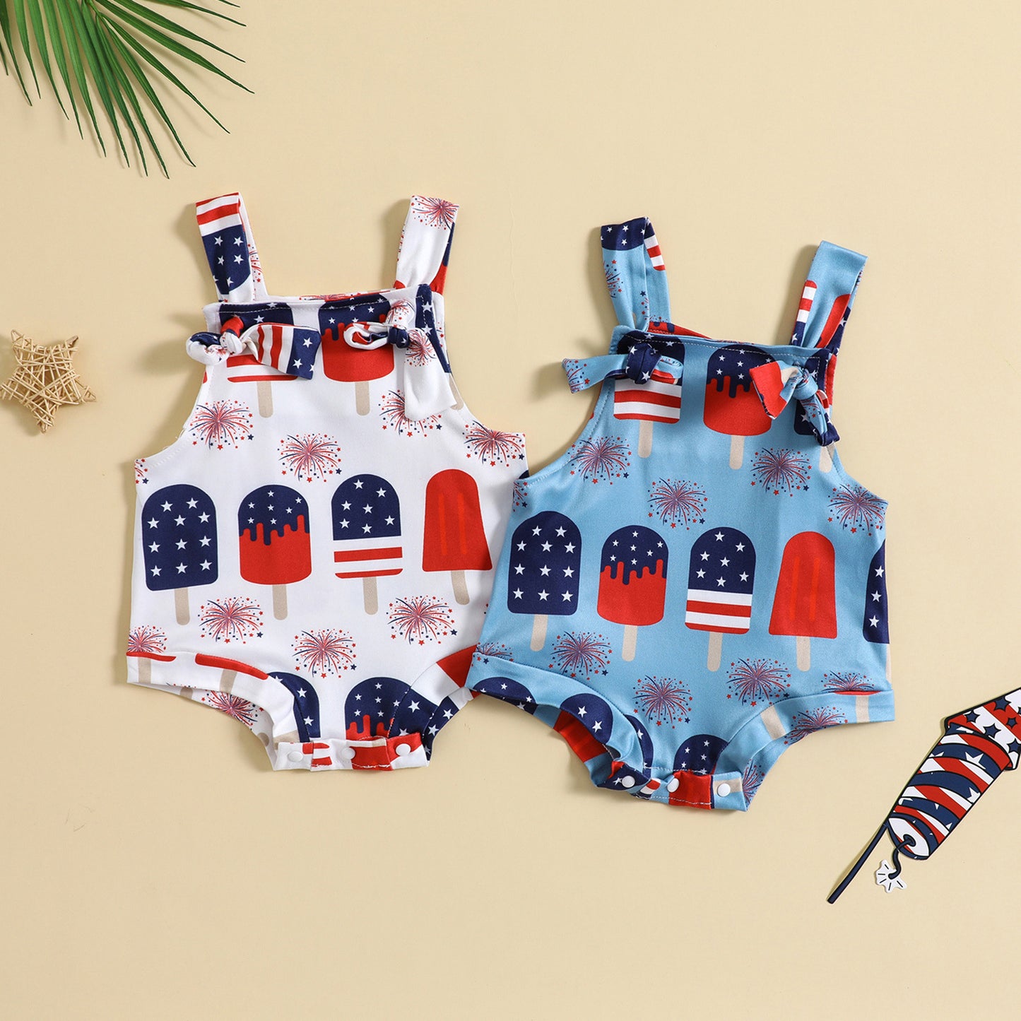 Adorable Baby Ice Cream Printed Front Knotted Suspender Romper